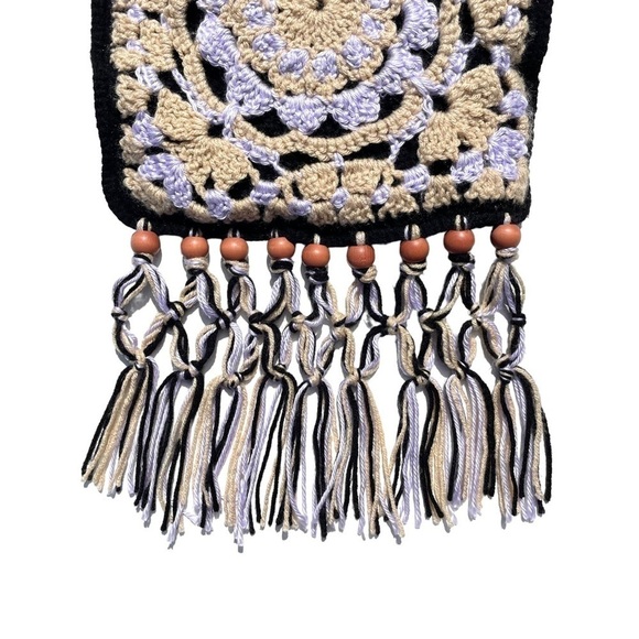 Boho Crochet knit shoulder bag handmade crossbody tassel beaded black purple - Picture 4 of 4